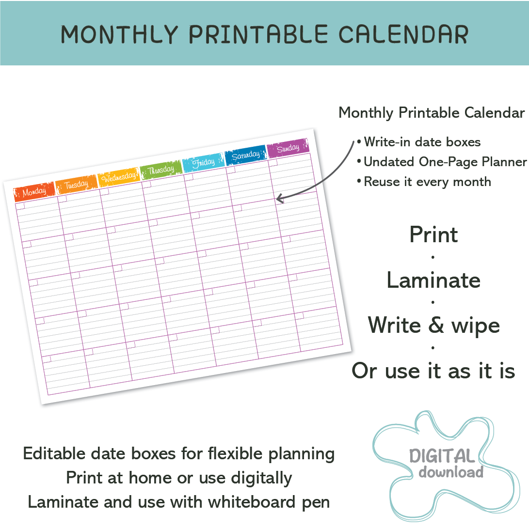Bright printable monthly planner calendar, laminate and erase, family and kids planning chart