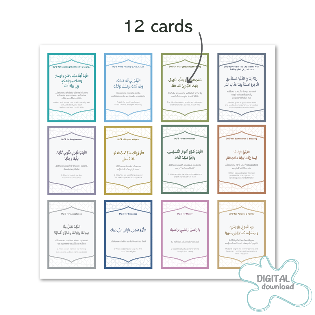 Overview of all 12 printable Ramadan duaa cards included in the set, designed for personal worship, family use and Ramadan gifts.