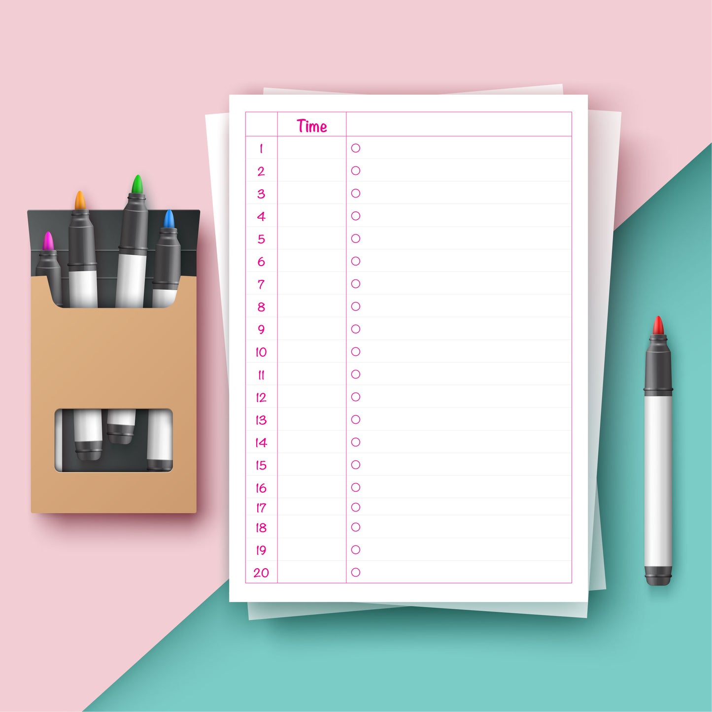 Printable Daily Schedule · قائمة المهام مع الوقت – pink and white planner design for writing times and tasks, instant digital download by NicePick.