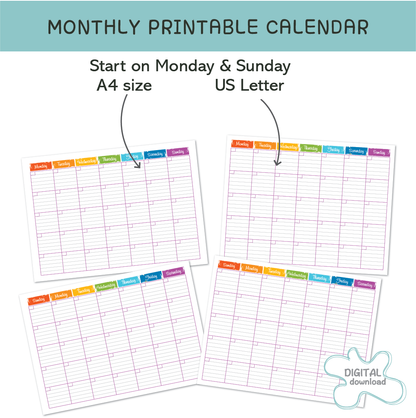 Bright monthly printable calendar with colorful weekday headers, A4 and US Letter sizes, undated layout