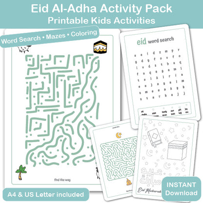 eid al adha activity pack printable for kids with word search maze coloring pages and writing activity