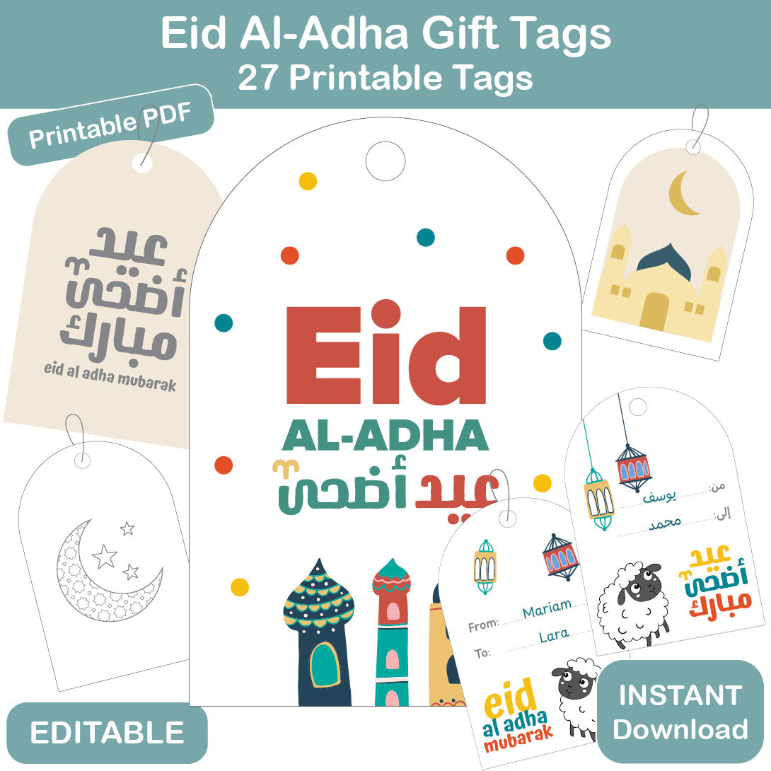 editable Eid Al-Adha gift tags printable with 27 Arabic and English tags for Eid gifts