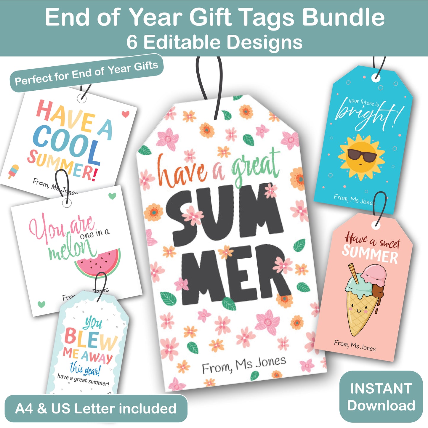 end of year student gift tags bundle printable with editable teacher name for classroom gifts