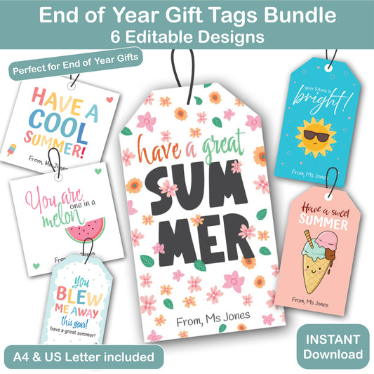 end of year student gift tags bundle printable with editable teacher name for classroom gifts