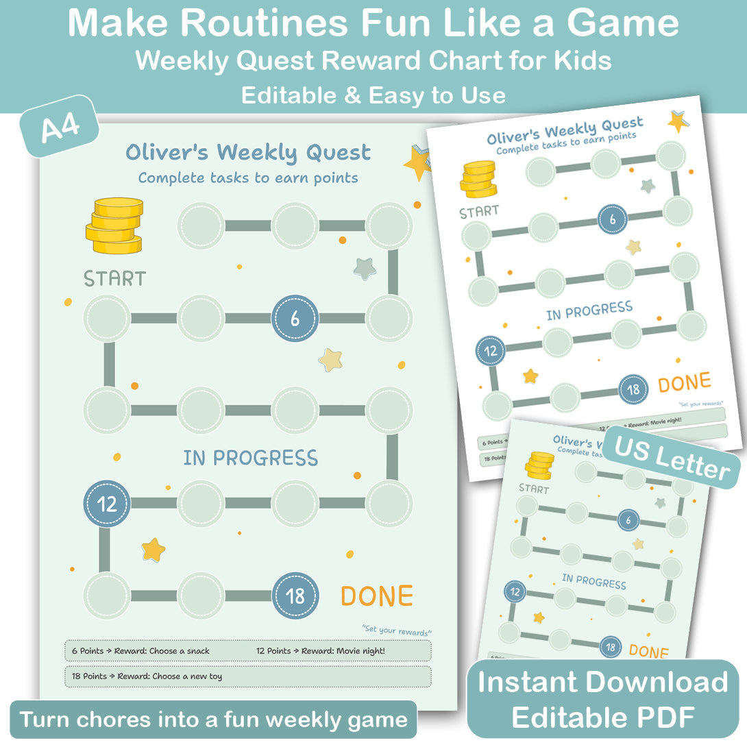 Kids reward chart printable weekly routine chart editable PDF for children chores and behavior tracking