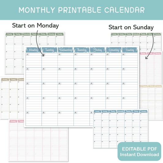 Monthly printable calendar set showing Monday start and Sunday start layouts in four neutral colours, undated one-page planner for reusable planning