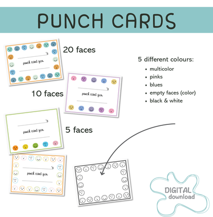 Printable reward punch cards for kids in multiple colors
