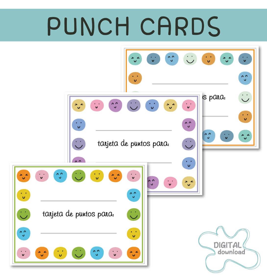 Printable Spanish punch cards for kids with happy face rewards, digital download
