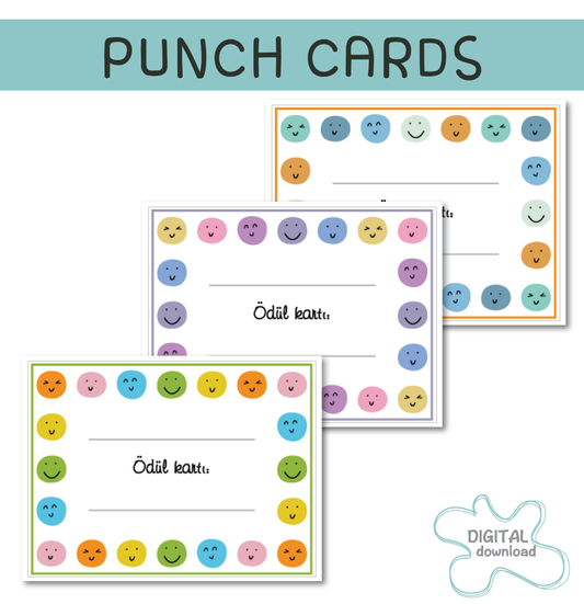 Printable Turkish punch cards for kids with happy face rewards, digital download