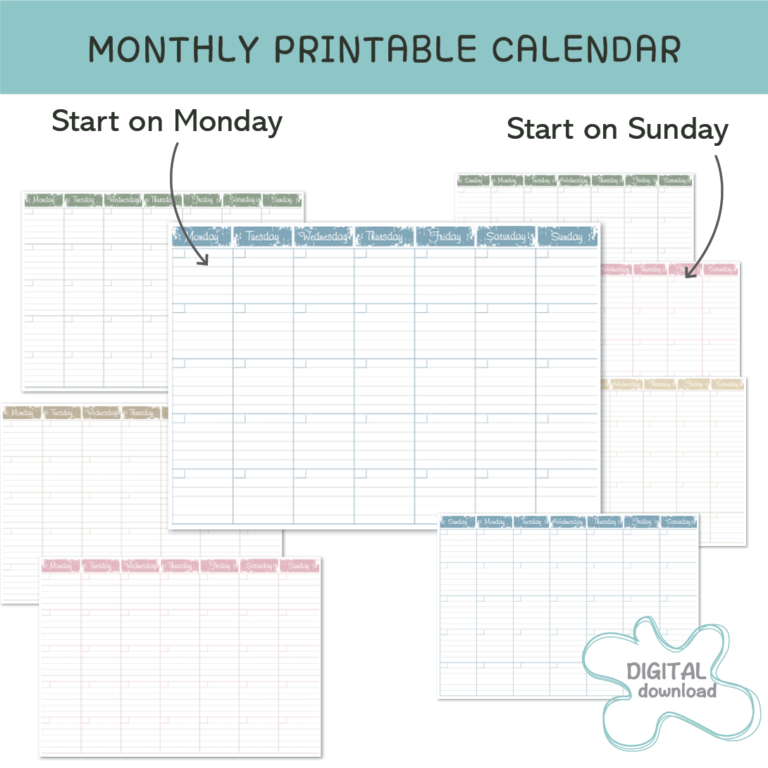 Monthly printable calendar set showing Monday start and Sunday start layouts in four neutral colours, undated one-page planner for reusable planning