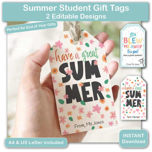 summer student gift tags printable with editable teacher name for end of year classroom gifts
