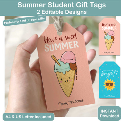 summer student gift tags printable with editable teacher name for end of year classroom gifts