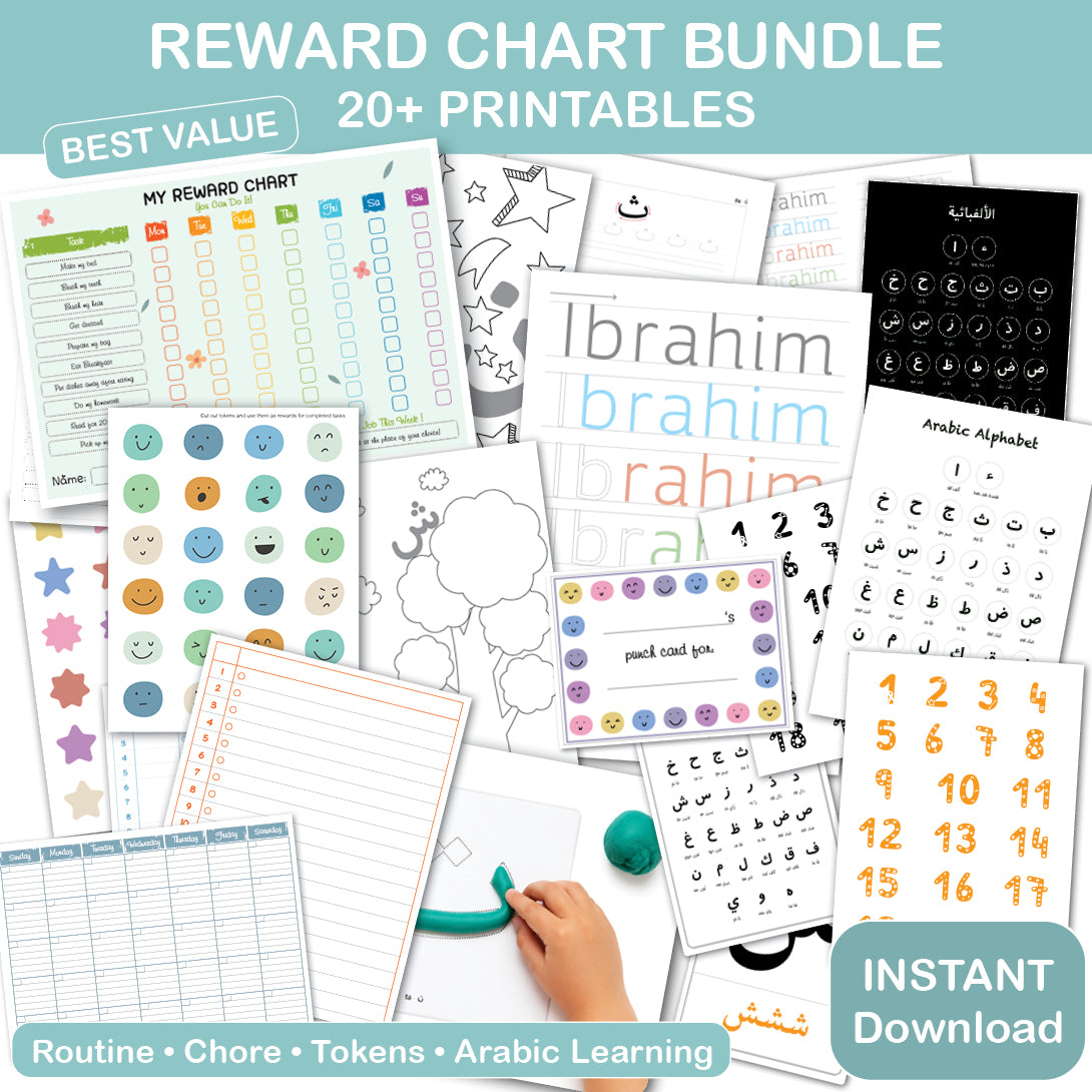 routine and reward system with arabic learning bundle for kids printable