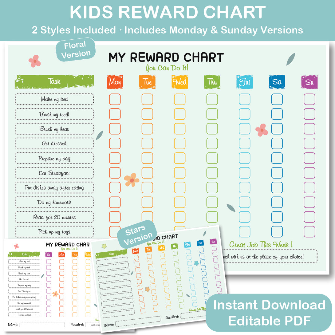 kids reward chart printable floral and neutral designs
