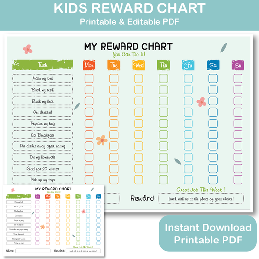 Kids reward chart printable editable PDF weekly behavior chart for kids homeschool classroom reward system