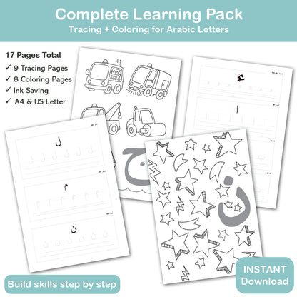 Arabic learning printable bundle with 9 tracing pages and 8 coloring pages, complete kids activity pack for Arabic letters