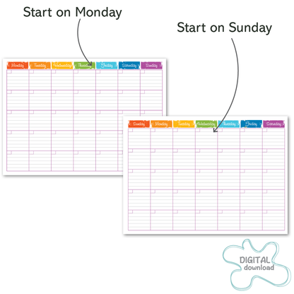 Colorful write and wipe monthly calendar printable, Monday and Sunday start options, reusable planner
