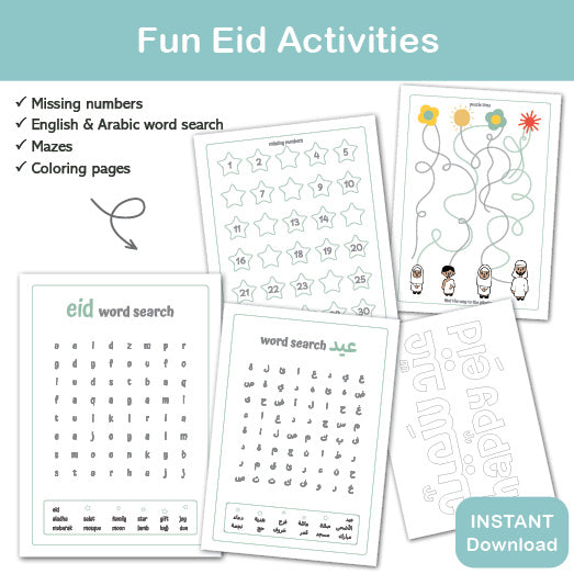 printable eid activity pack for kids with missing numbers arabic word search and coloring pages