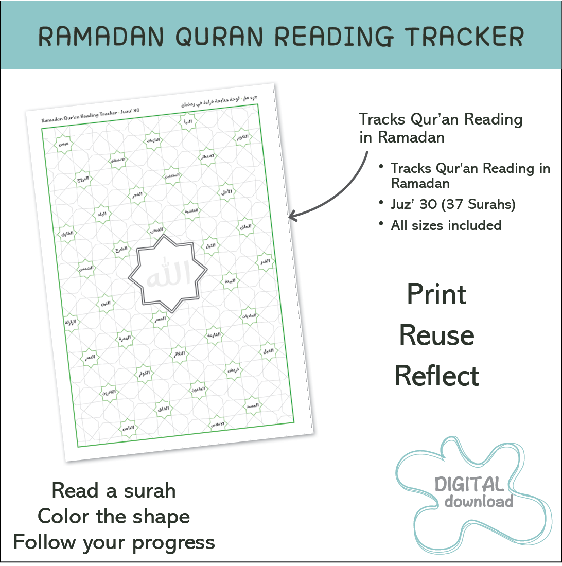 Ramadan Qur’an reading tracker Juz 30 printable overview with instructions