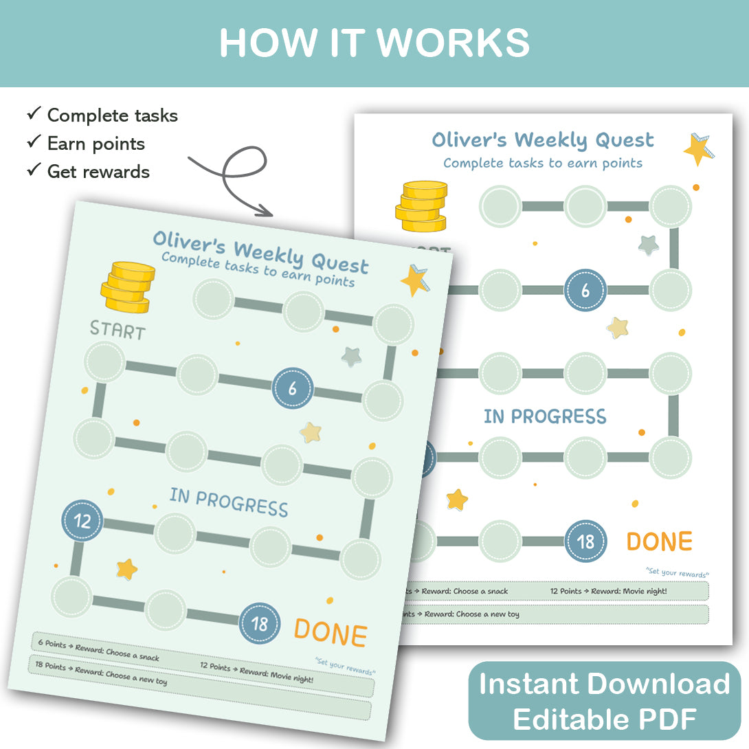 kids chore chart printable reward system weekly routine tracker pdf instant download