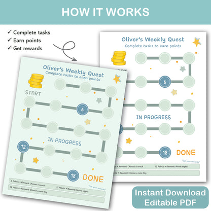 kids chore chart printable reward system weekly routine tracker pdf instant download