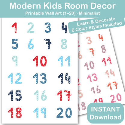 numbers 1-20 wall art printable for kids room decor