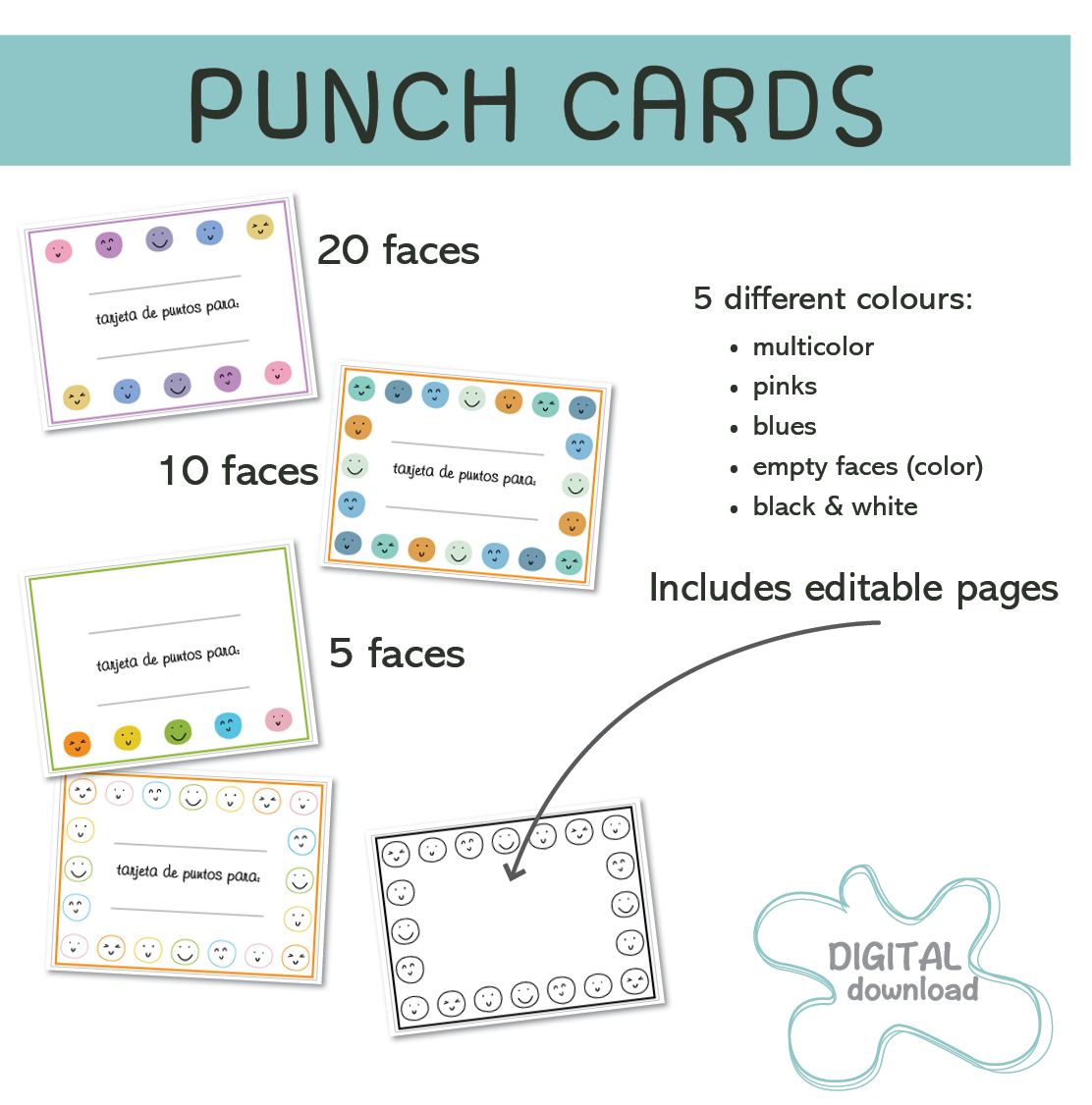 Spanish reward punch cards printable and editable PDF for kids motivation