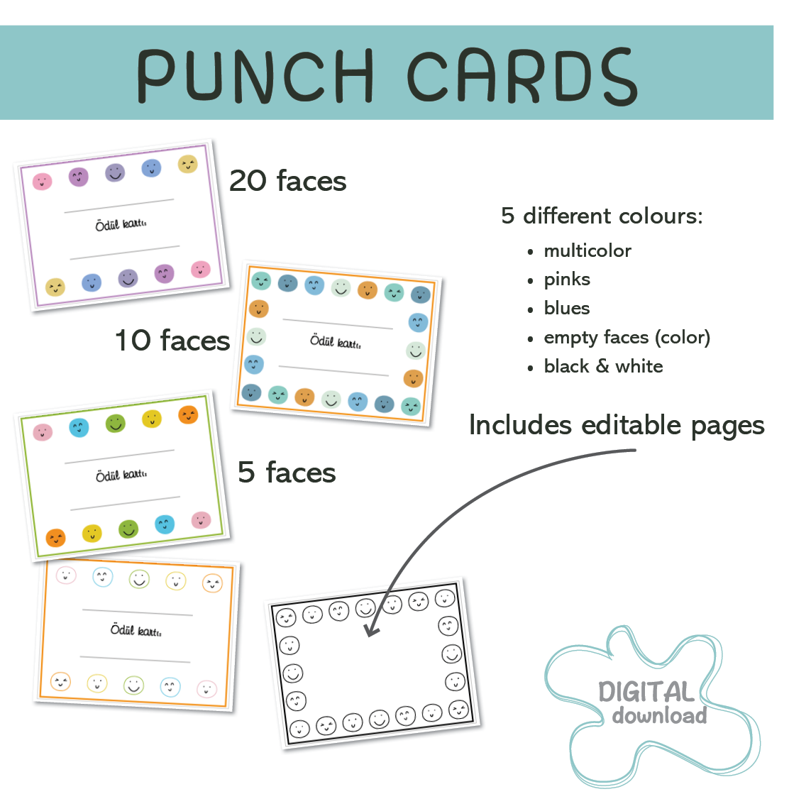 Turkish reward punch cards printable and editable PDF for kids motivation