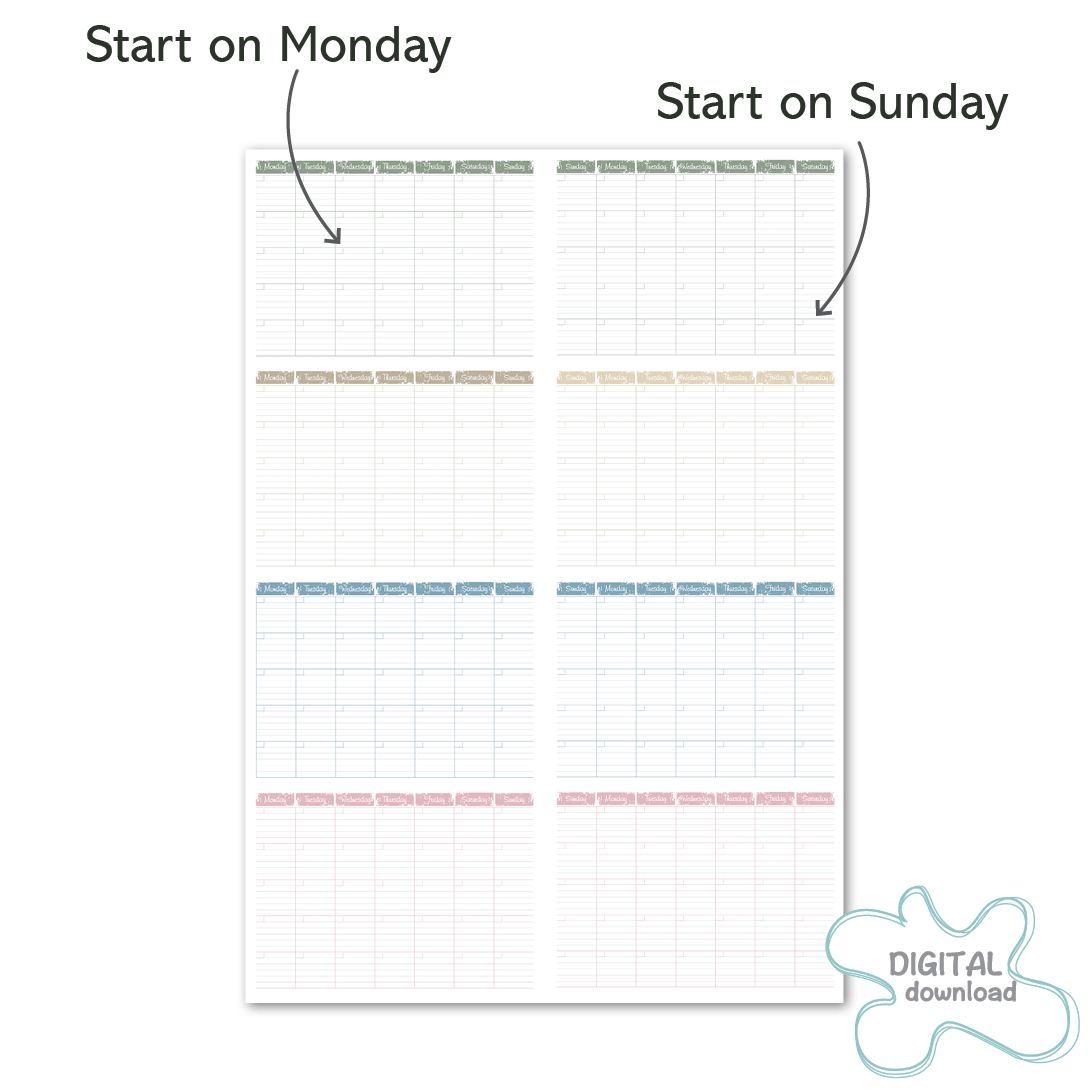 Undated monthly printable calendar in sage, beige, muted blue and blush, minimalist reusable planner printable for home and family planning