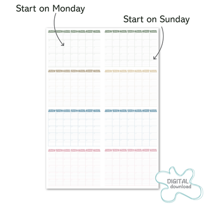 Undated monthly printable calendar in sage, beige, muted blue and blush, minimalist reusable planner printable for home and family planning