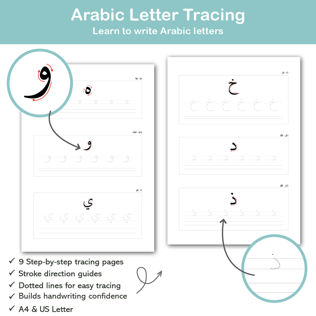 Arabic letter tracing worksheets with dotted lines and stroke direction, handwriting practice for kids printable PDF