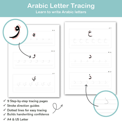 Arabic letter tracing worksheets with dotted lines and stroke direction, handwriting practice for kids printable PDF