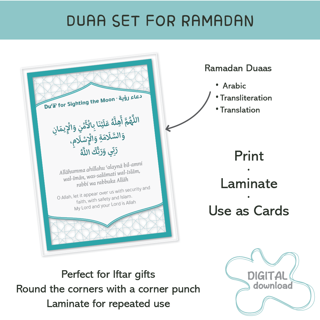 Ramadan duaa card mockup highlighting Arabic text, transliteration and English translation, suitable for printing, laminating and wipe-clean reuse.