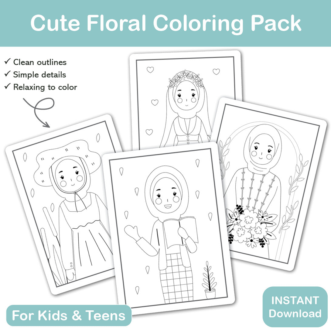 cute hijabi coloring pages for teens and kids printable activity pdf
