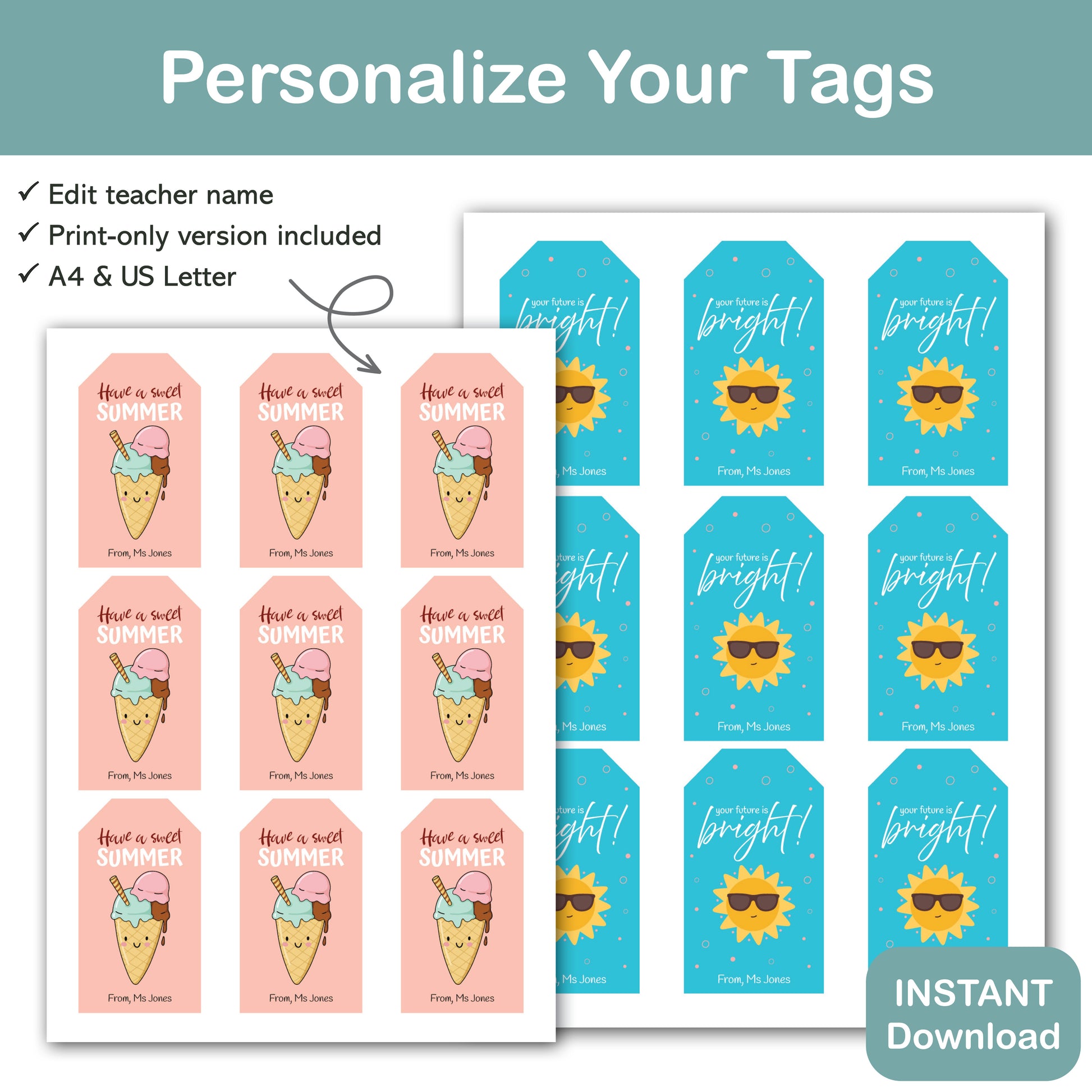 editable teacher name gift tags for students with cool summer melon bubbles and bright future designs