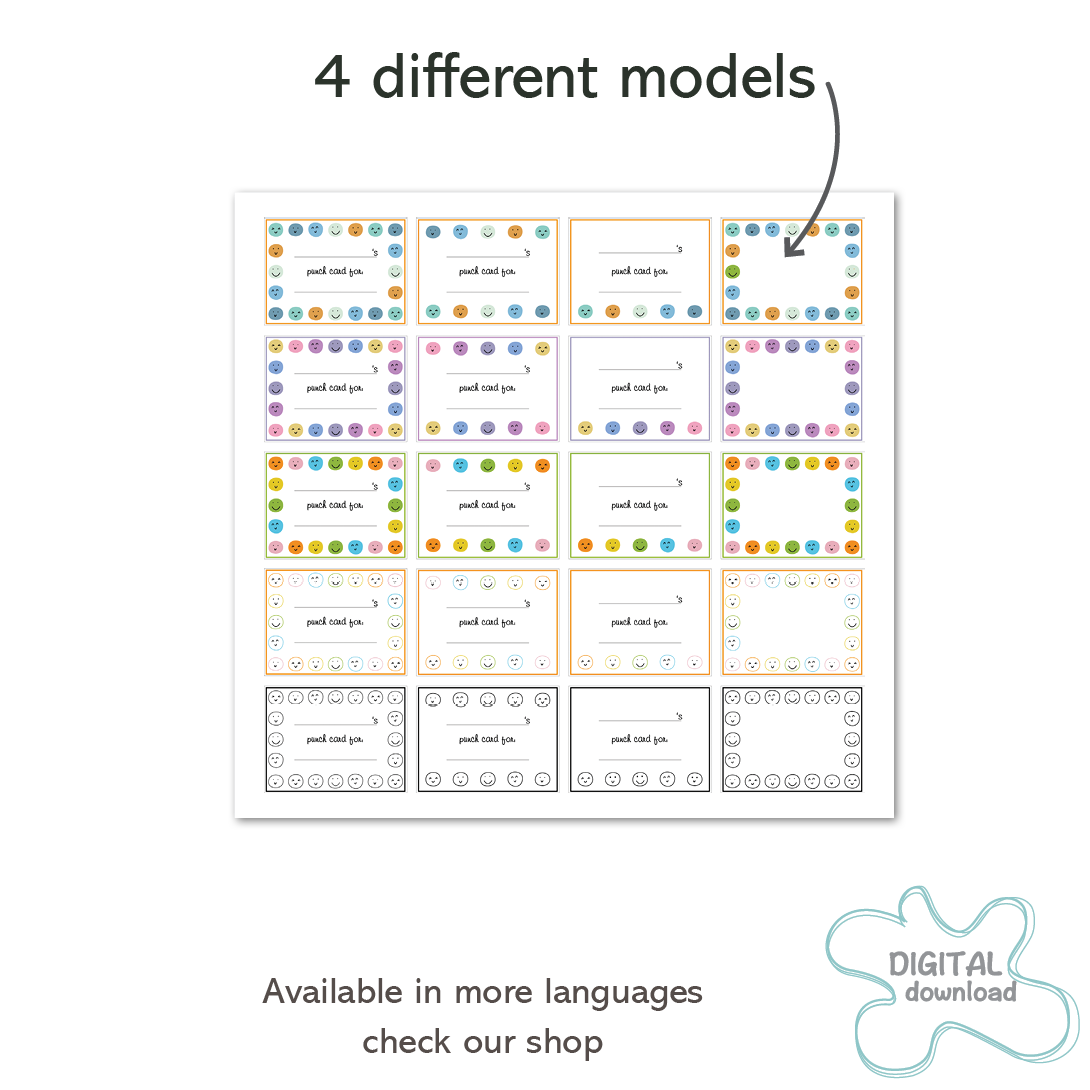 Reward punch cards for classroom behavior and motivation