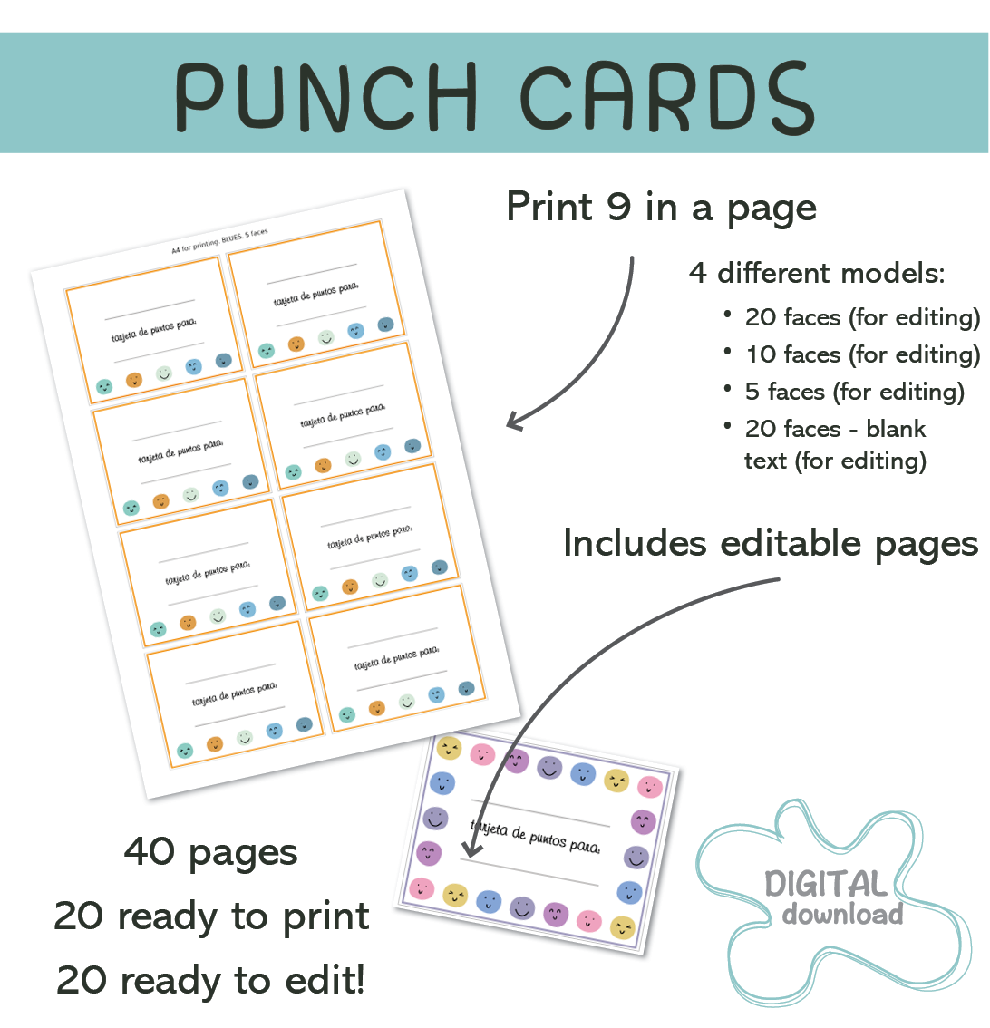 Spanish punch cards showing 20, 10, and 5 happy face reward models