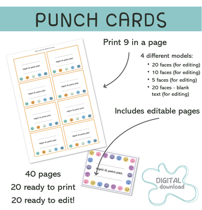 Spanish punch cards showing 20, 10, and 5 happy face reward models