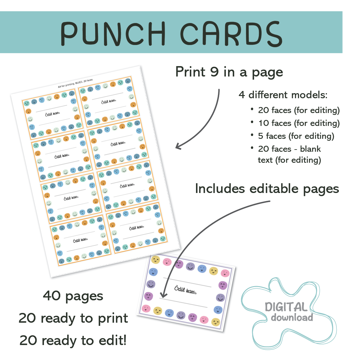 Turkish punch cards showing 20, 10, and 5 happy face reward models