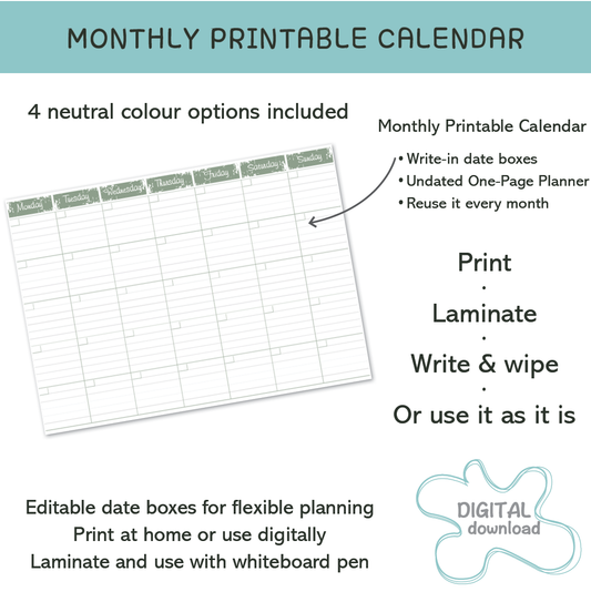 Monthly printable calendar with write-in date boxes, lined daily sections, print and laminate planner designed for write and wipe use