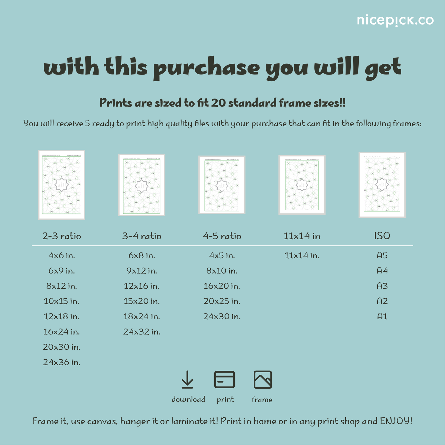 Ramadan Qur’an reading tracker printable in multiple frame sizes and formats