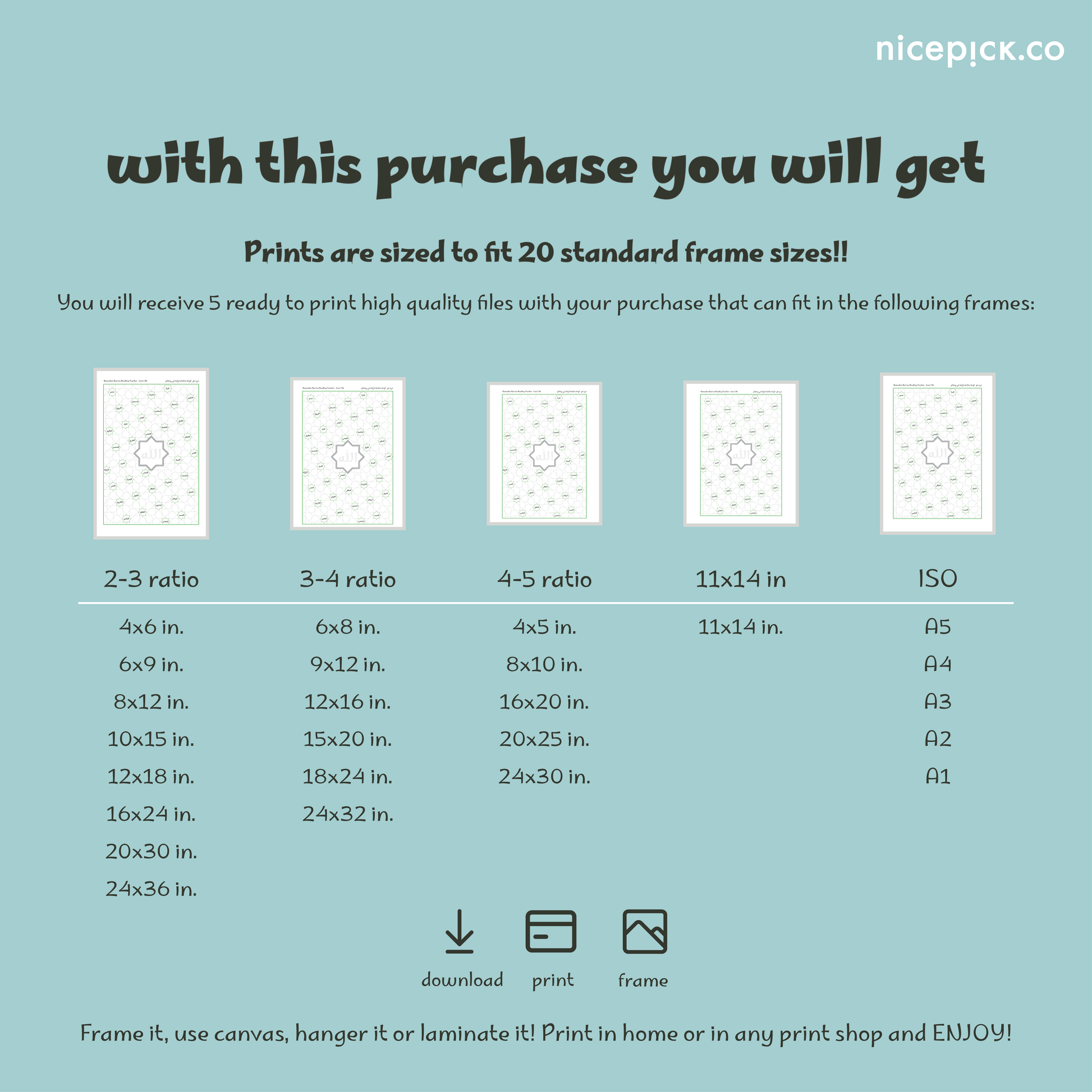 Ramadan Qur’an reading tracker printable in multiple frame sizes and formats