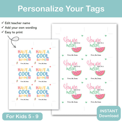 you are one in a melon student gift tag printable editable teacher name