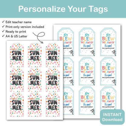 you blew me away student gift tag printable editable teacher name for bubble gifts