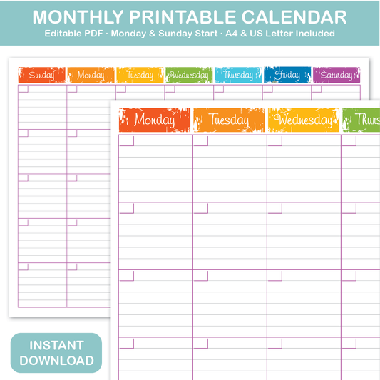Colorful monthly printable calendar PDF, editable planner template, Monday or Sunday start, A4 and US Letter sizes, instant download