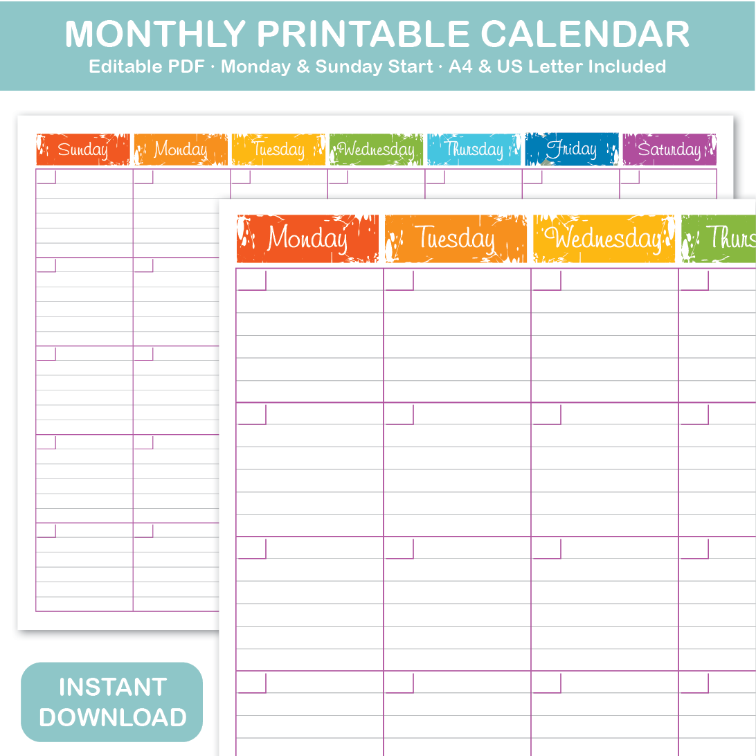 Bright printable monthly planner calendar, laminate and erase, family and kids planning chart