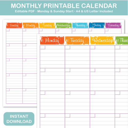 Bright printable monthly planner calendar, laminate and erase, family and kids planning chart