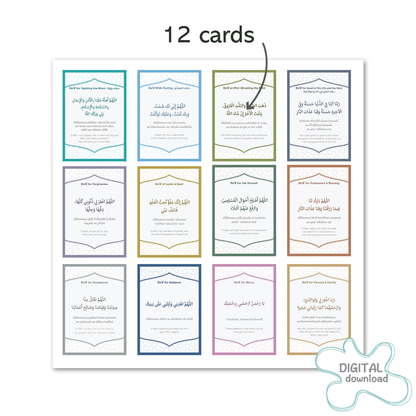 Overview of all 12 printable Ramadan duaa cards included in the set, designed for personal worship, family use and Ramadan gifts.