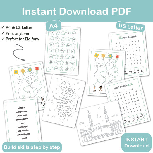 muslim kids eid activity pack printable a4 pdf for homeschool classroom and family celebrations