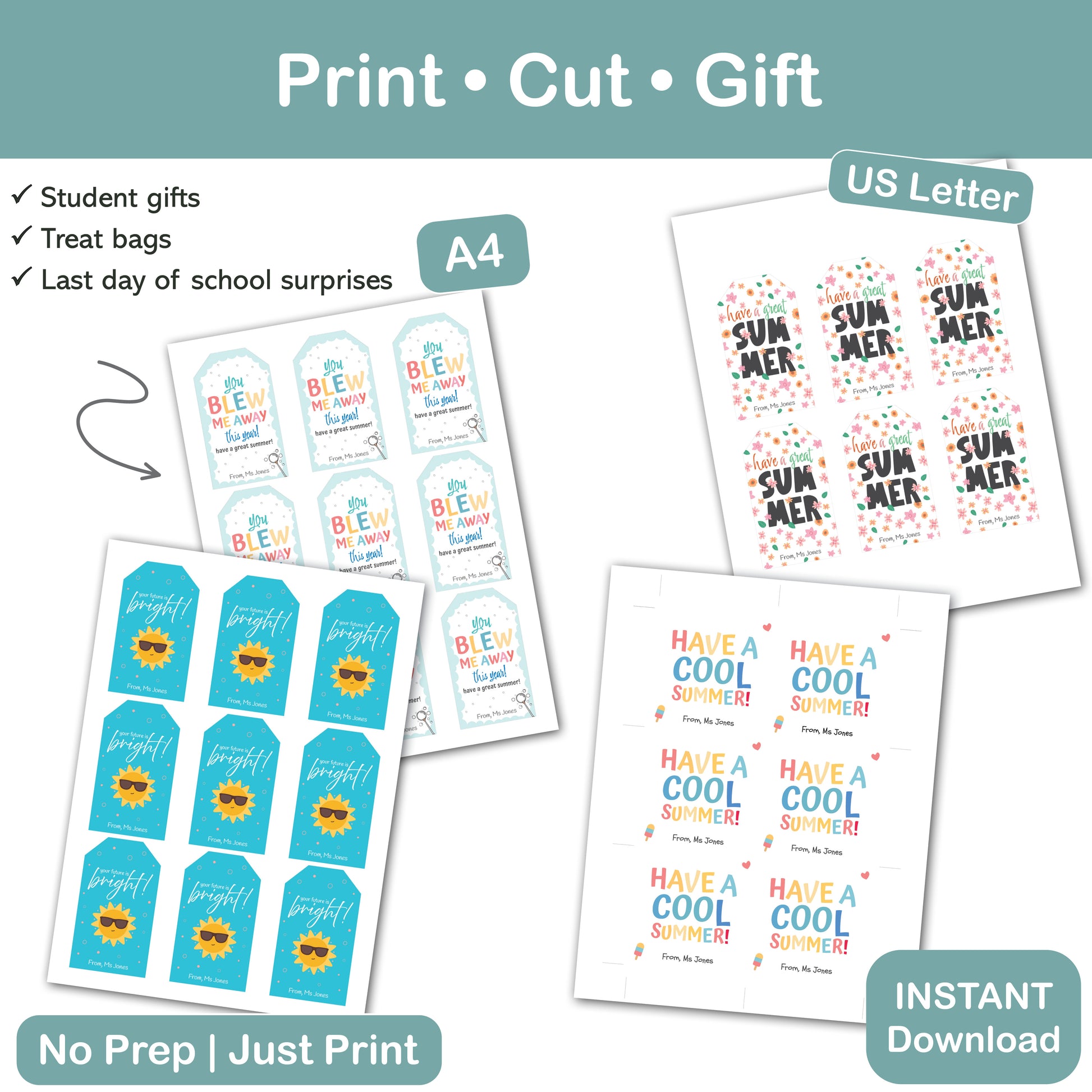 printable end of year teacher gift tags bundle for student treats bags bubbles and snacks